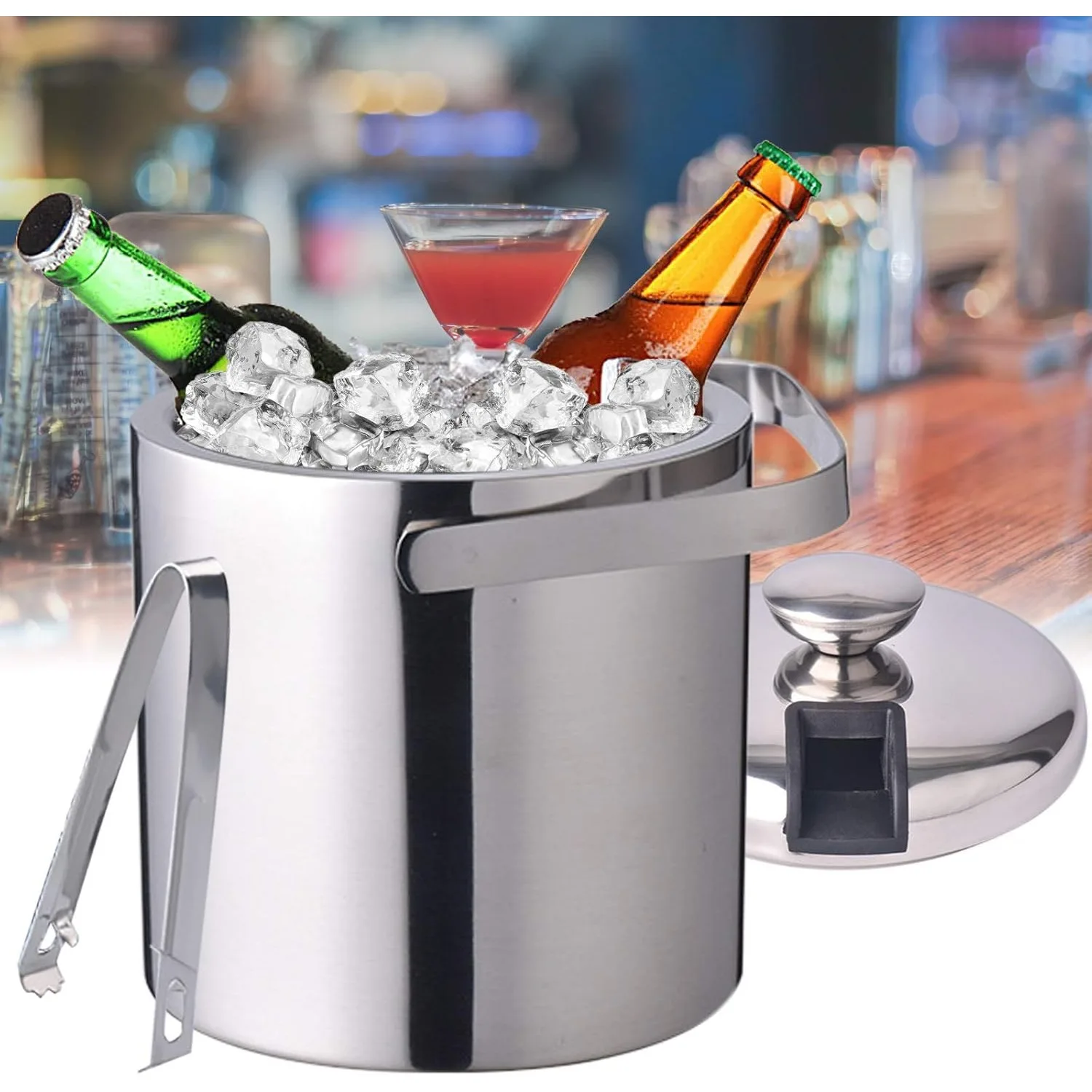 

Ice Bucket with Lid and Tongs Double Wall Ice Bucket with Built in Ice Tong and Removable Strainer for Parties, Bar, Picnics