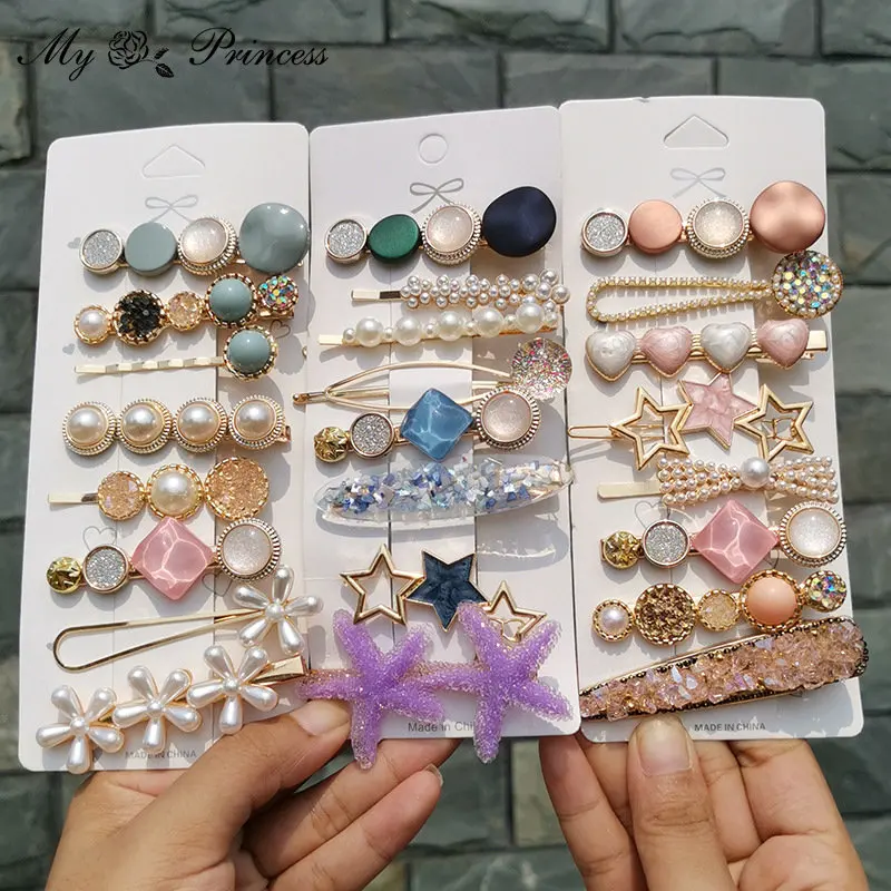 Candy Colors Pearl Hair Clip For Women Korean Hairpin Geometric Crystal Hair Barrettes Girl Hair Accessories Hairgrip