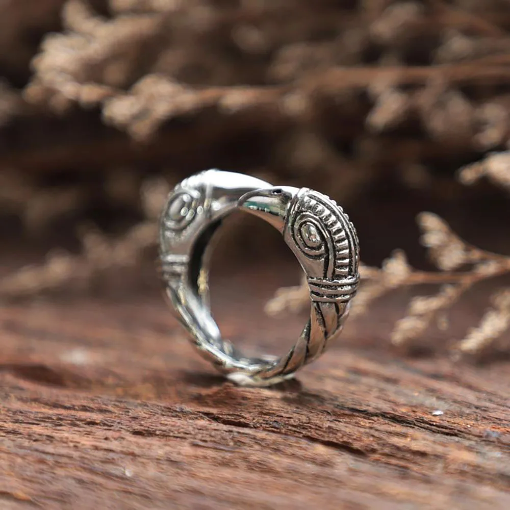 Europe and America Silver Color Ethnic Minority Mysterious Rune Double Crow Head Adjustable Ring UNISEX Halloween Party Ring