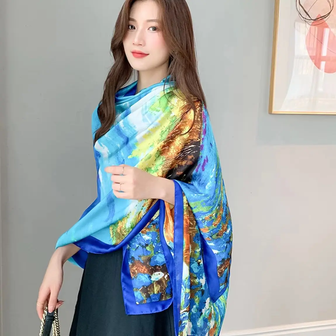 2025 Oil Painting Style Silk Satin Scarf Women Fashion Luxury Design Printed Scarf Spring New Sunscreen Warm Shawl Floral Stoles