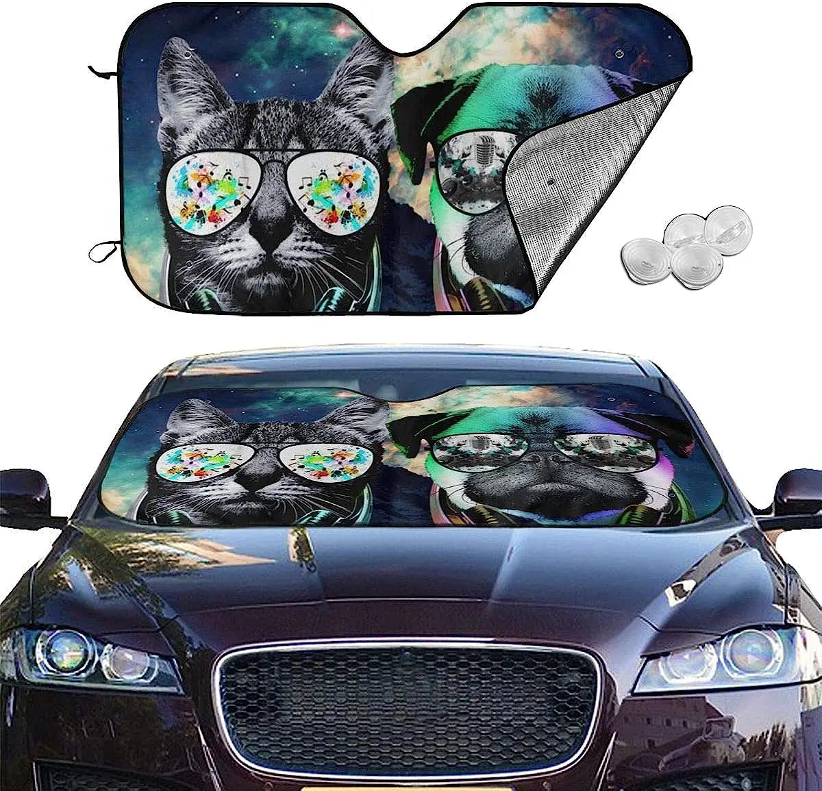 DJ Cat and Pug Dog Front Windshield Sun Shade Car Window Foldable Sunshade Cover UV Rays Sun Visor Protector Keeps Car Cool