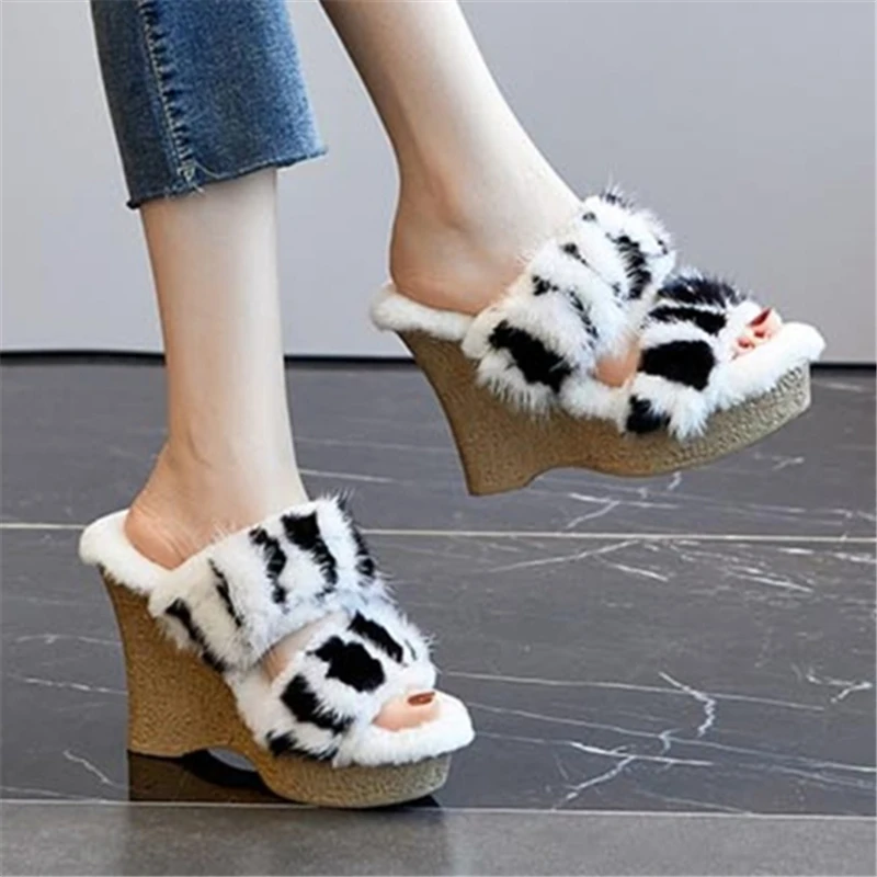 

Mixed Color Women Wedge Slippers Platform Pumps Winter Warm Mink Fur Mules 11CM High Heels Thick Sole Outside Furry Slides