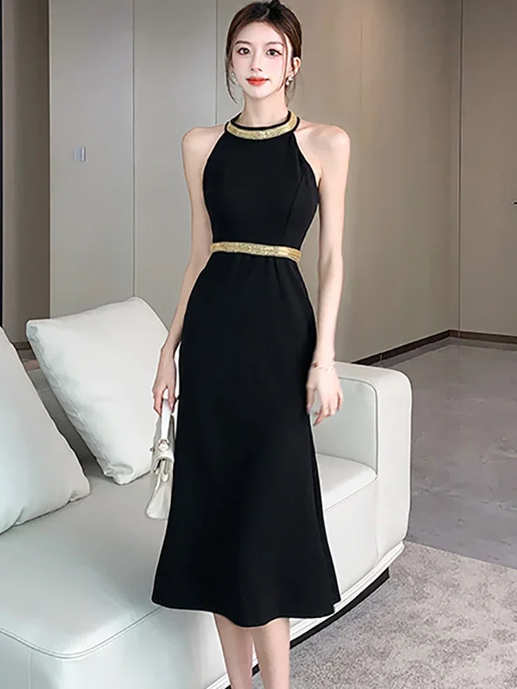 レディース エレガント ラグジュアリー ロングドレス ガウン 夏 韓国 ボディコン ドレス 2025 ブラック パッチワーク ダイヤモンド バックレス セクシー ネックマウント ドレス