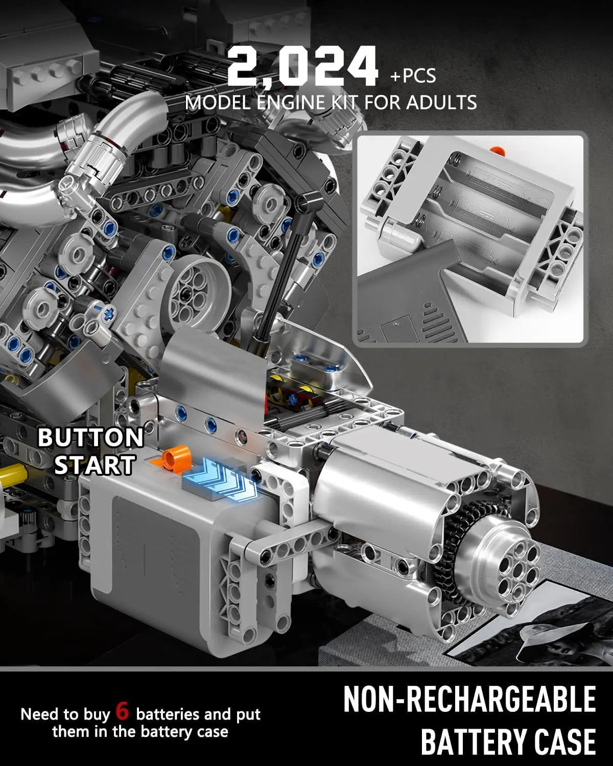 10201 W16 Engine Model Kit, MOC Bug Supercar Engine Model with Battery and Motor, Collectable 16-Cylinder Car Engine Transmissio