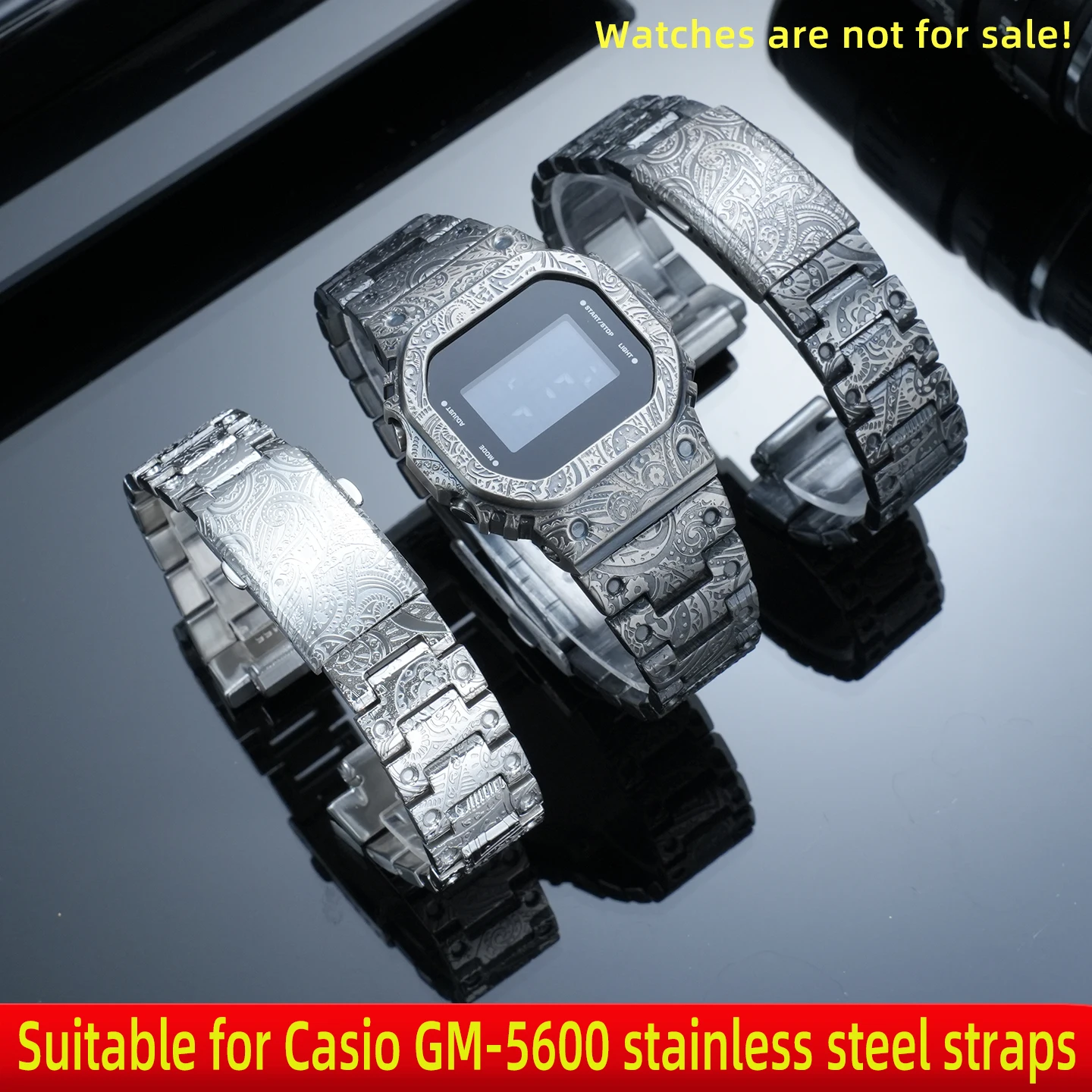 Men's stainless steel case, suitable for Casio GM-5600 steel watch strap with 16mm width, engraved pattern set with accessories