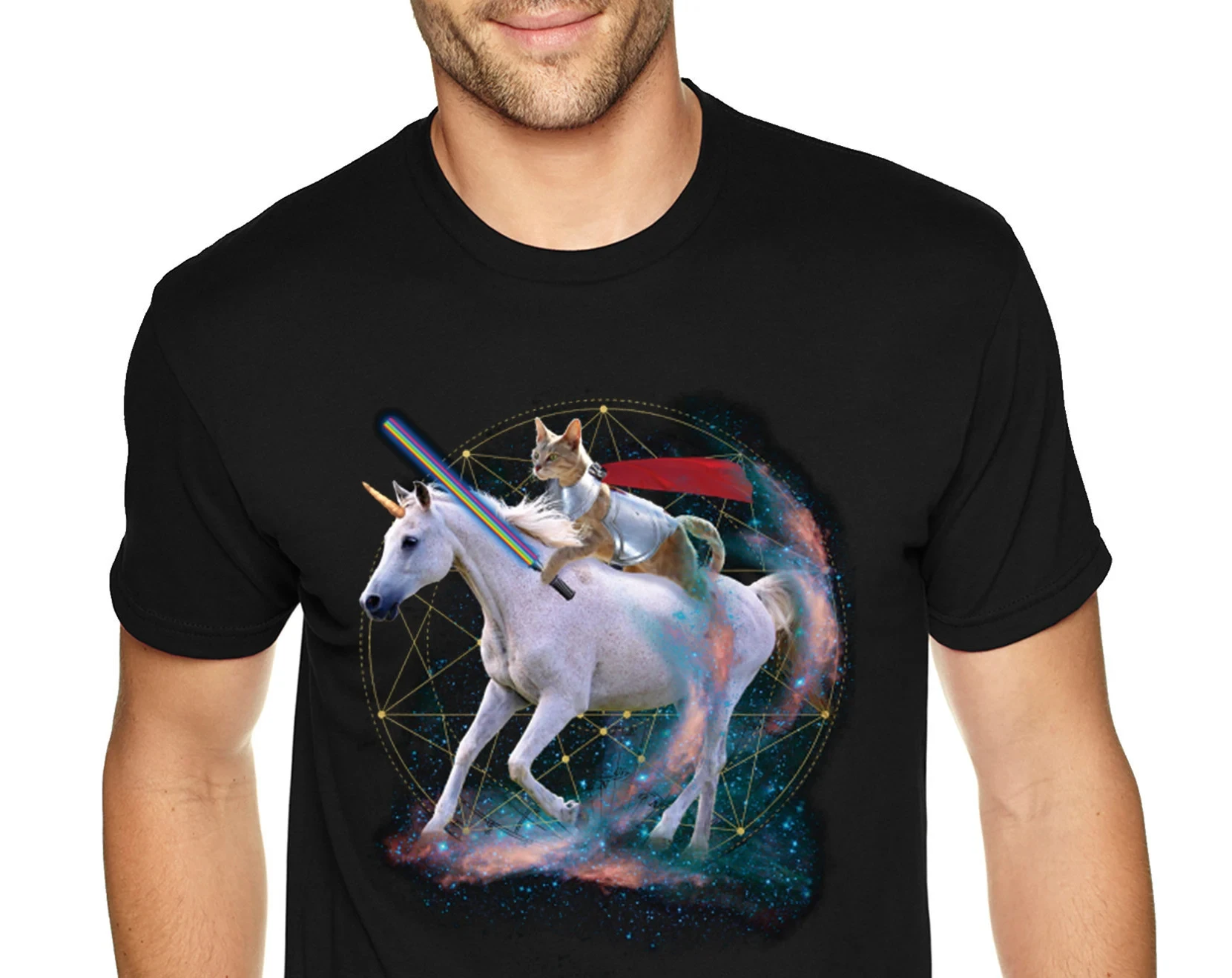 Camiseta para hombre unicornio guerrero gato galaxia espacial Animal mítico Arco Iris mascota caballo Pony magia OVNI Marte Luna Alien Camiseta de cuello redondo