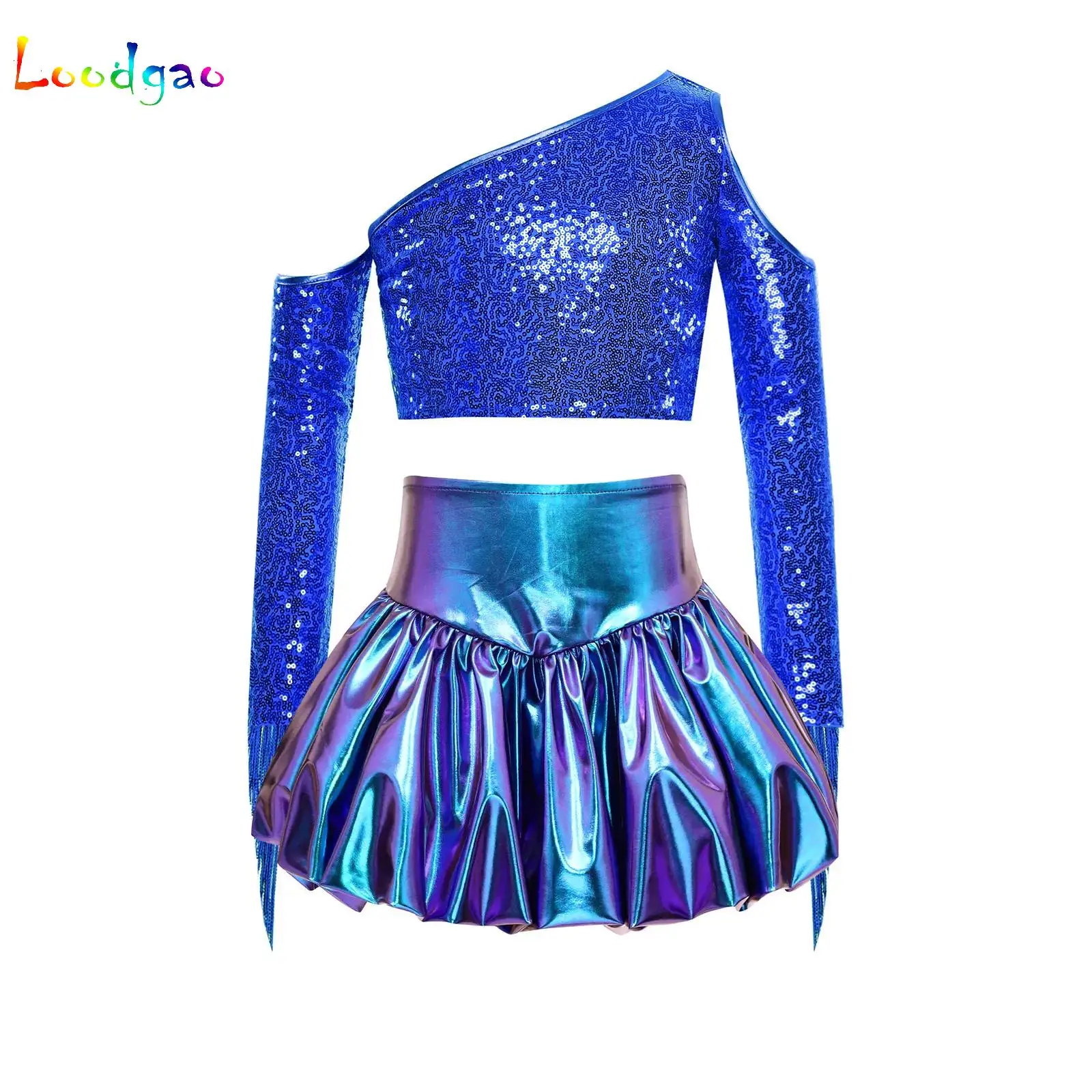 

Kids Girls Pageant Set One Shoulder Sequin Top And Bubble Skirt Outfits Disco Dance Costume for Jazz Belly Dance Performance