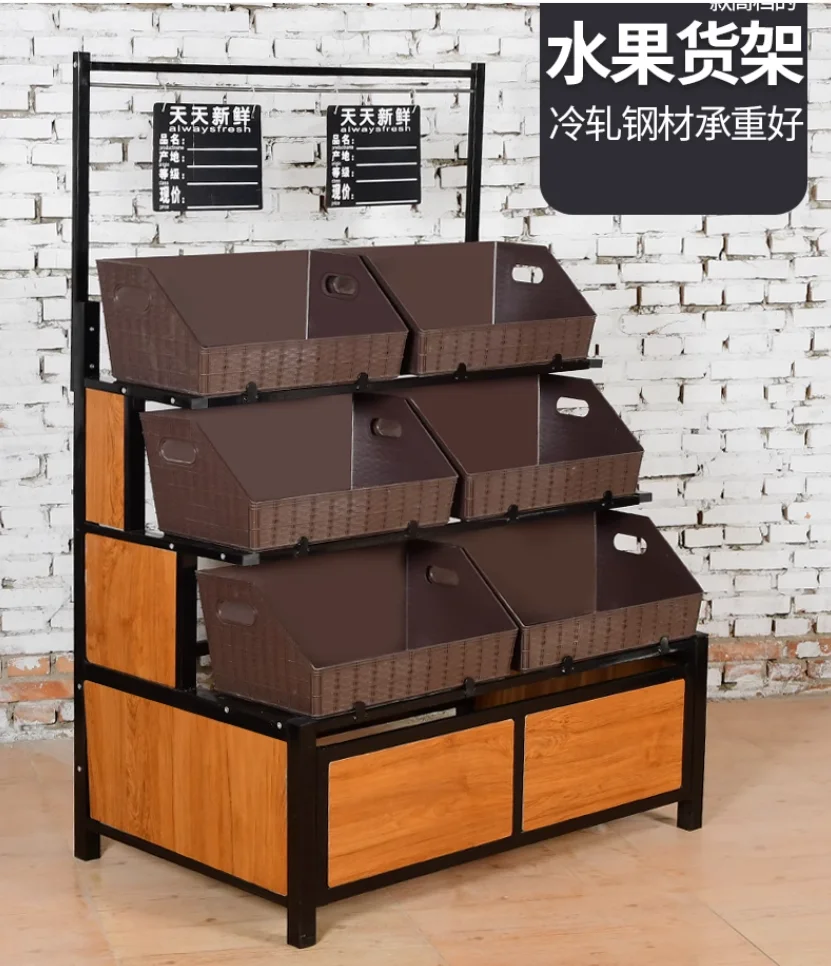 

Fruit shelf display rack Multi-functional fruit shelf shelf vegetable shelf steel and wood frame