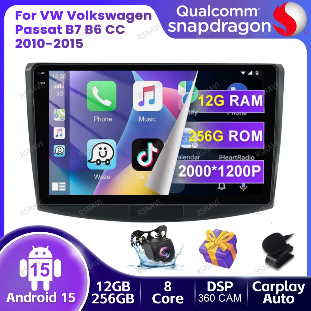 

Car Radio Android 15 For VW Volkswagen Passat B7 B6 CC 2010-2015 4G LTE GPS QLED Stereo BT Autoradio DSP Navigation Head Unit