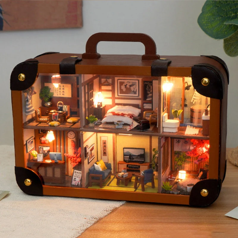DIY Wooden Miniature Model Kits Japanese Style Suitcase Mini Casa 3D Puzzle Dollhouse With Furniture for Friends Birthday Gifts