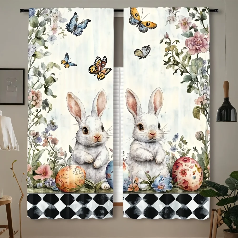 Spring Floral Rabbit Blackout Rod Pocket Curtain Color Butterfly Easter Egg Decor Farm Homestay Bedroom Rest Bay Window