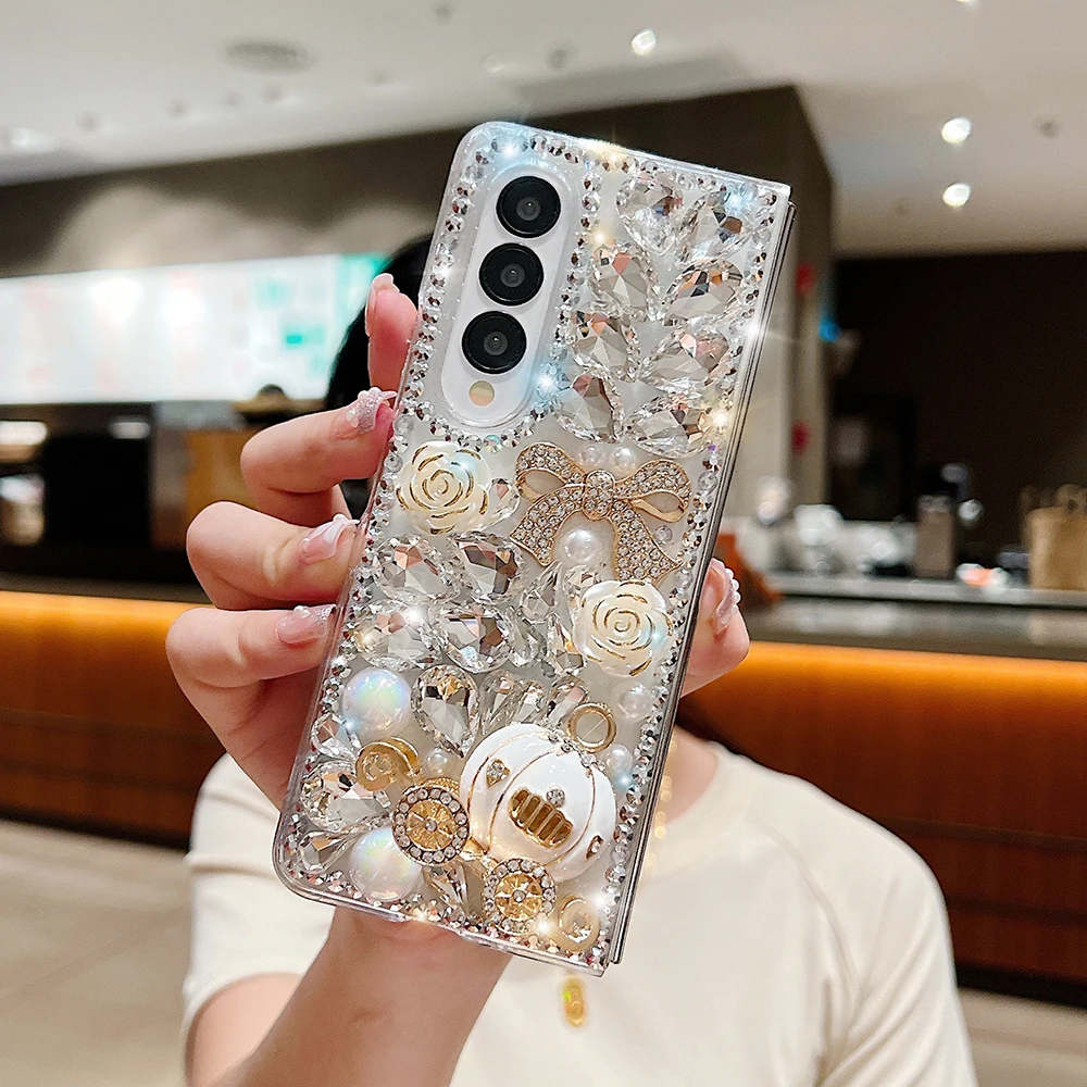 Luxury Bling Rhinestone Pumpkin Cart Crystal Clear PC Cover For Samsung Galaxy Z Fold 7 6 5 4 3 Laser Pearl Glitter Flowers Case