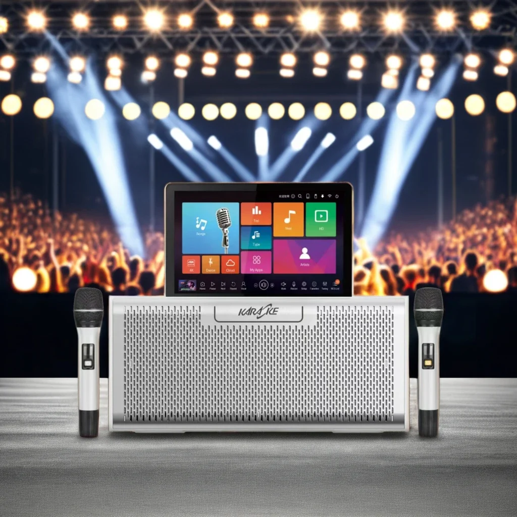 

All-in-One Portable Smart Android System Party Speaker Home KTV Mini Machine Karaoke Player With 2 Wireless Microphone