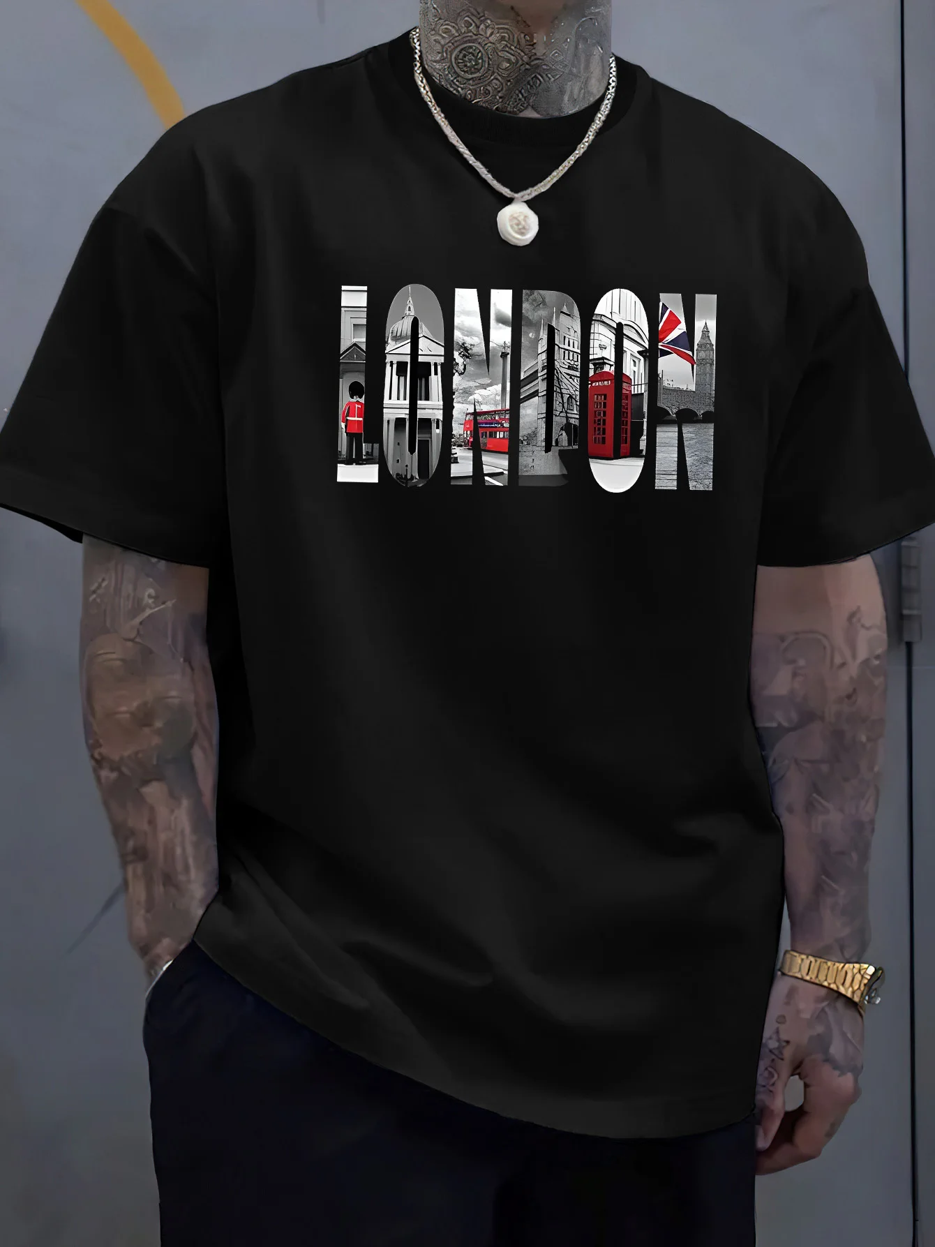 Trendy London Scenery Letter Font Print T-Shirt 100% Cotton O-Neck Short Sleeve Summer Casual Mens T-shirt Streetwear