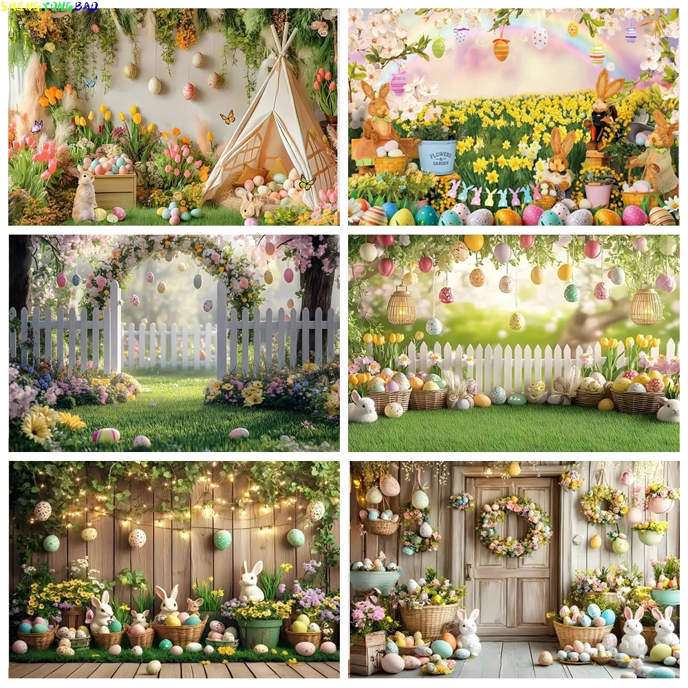 

Indoor Tent Children Birthday Photography Backdrops Props Happy Easter Day Rabbits Butterfly Eggs Flowers Photo Background YN-01