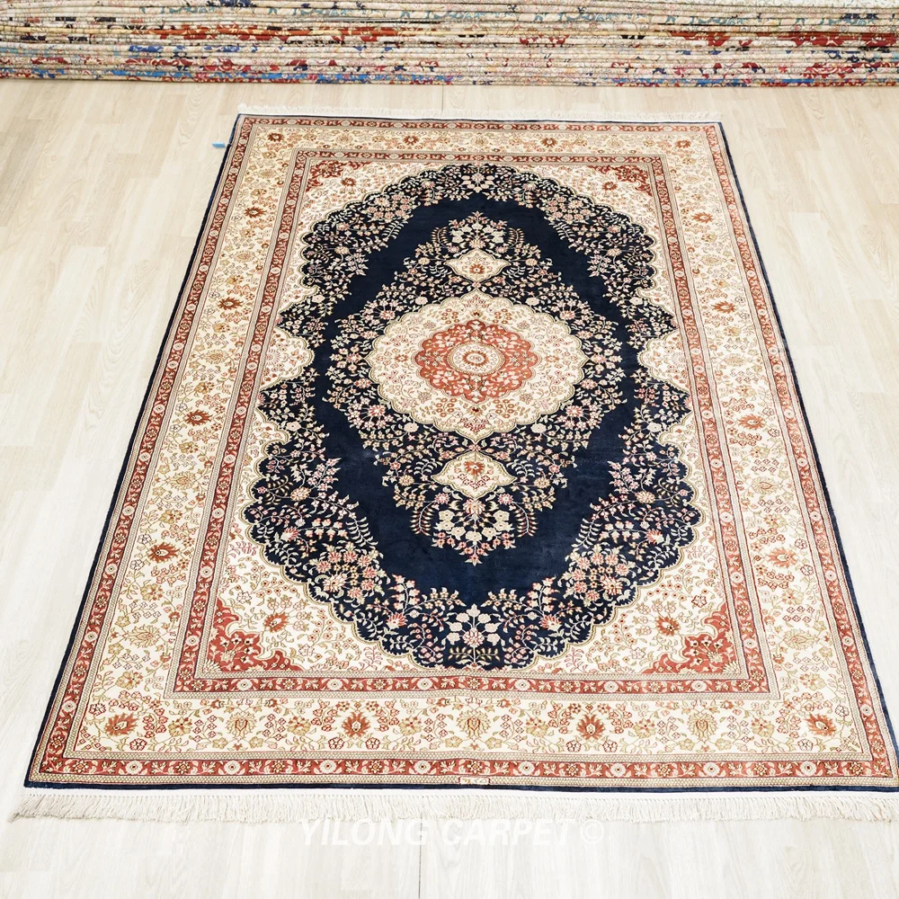 152x244cm Hereke Silk Carpet Blue Vantage Hand Knotted Traditional Oriental Rug (HF324B)