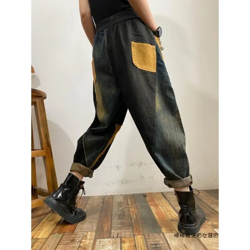 2025 nova moda velho remendo tecido cor bloqueado pendurado virilha casual cintura alta calças compridas mulheres outono denim legal jeans wh8