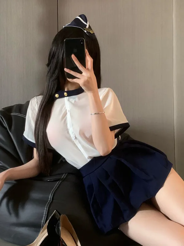 Exotic Summer Fashion Women\'s Clothing Loop Collar Perspective Sweet and Cute College Style Hundred Fold Short Skirt Set Q1WW