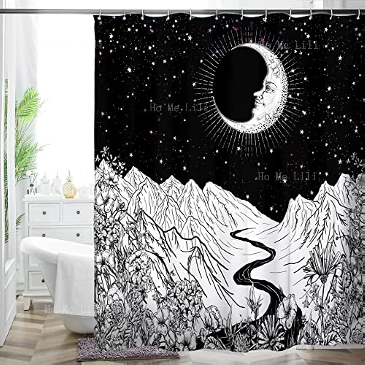 Crescent Moon Valley River Black And White Shower Curtain Bathroom Decoration