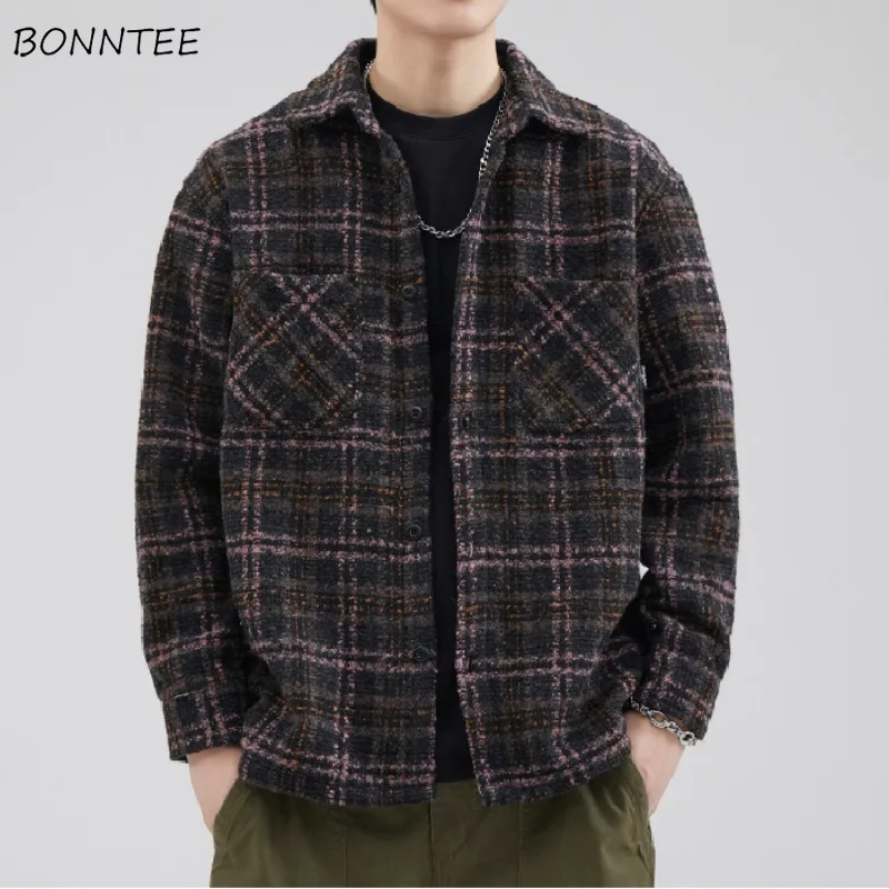 

Jackets Men Retro Cool Boys Tops Loose Plaid Turn-down Collar American Style Spring Autumn Coats Long Sleeve Single Breasted