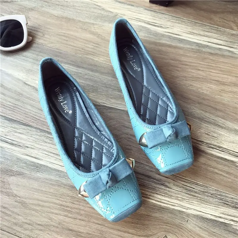 Japanned Lederen Antislip Flats Vrouwen Stevige Ondiepe Ballerina Plus Size35-41 Kantoorschoenen Dames Vierkante Neus Strik Mocassins