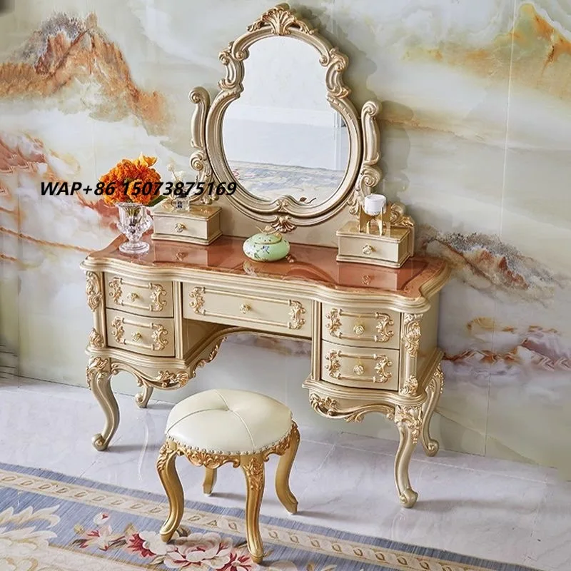 European American Solid Wood Carved Princess Style Dressing Table Champagne Gold Vanity Cabinet for French Villa Bedroom