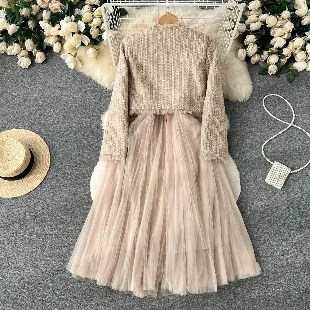 Chic Women Two-Piece Sets Basics O-neck Coat and Casual Sleeveless Straps Mesh Dresses French High Street Autumn Winter Clothing