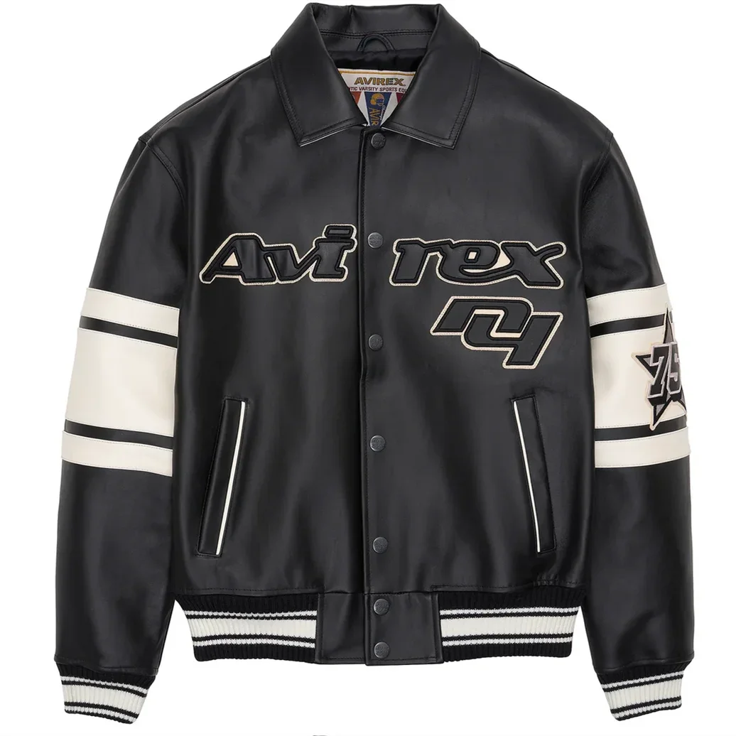 AVIREX New Europe Lamb Leather Jacket Men Embroidery American Size City Casual Flight Suit Sheepskin Loose Coat