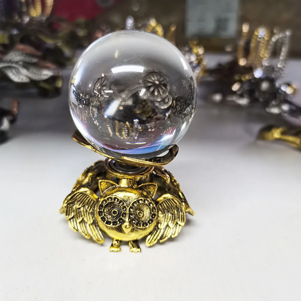 

Golden Revolve Owl Metal Crystal Base Sphere Holder Desk Decoration Room Handicraft Decor Wholesale