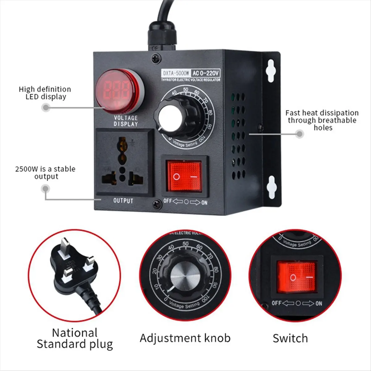 Dynamic Variable Voltage Regulator 5000W Speed Temperature Light Voltage Uelatic Pressure Controller US Plug 2 Holes