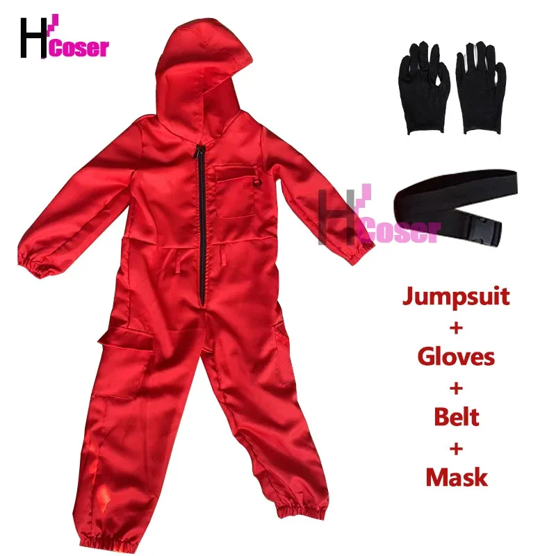 

Calamari Hooded Overall Belt Gloves Mask Set Hallowe TV Game Guard Cosplay Costume Red Jumpsuit Outfit Adult Teenagers Tracksui
