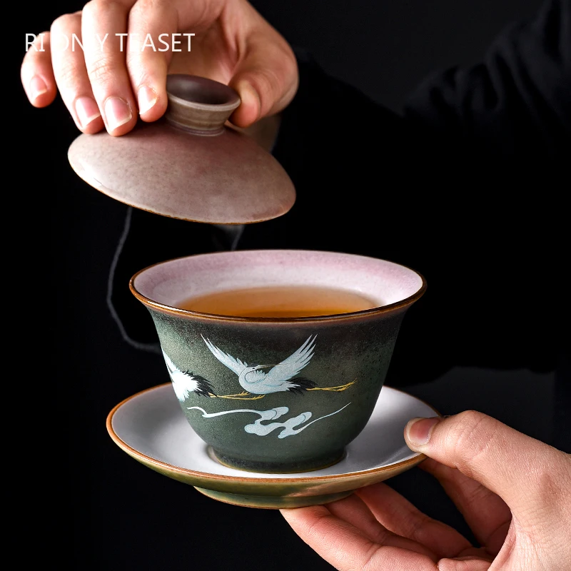 

Chinese Traditional Ceramic Gaiwan Hand-painted Flying Crane Pattern Tea Tureen Teacup Handmade Tea Bowl Household Teaware