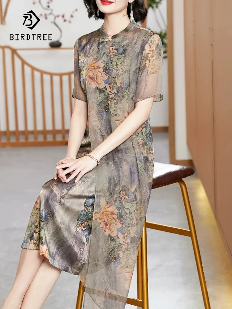 BirdTree-89.6%Silk 10.4%Spandex Women Elegant Dress, Short Sleeve Print, Mom Retro Luxury Cheongsam Dress, 2026 Spring D62515CC
