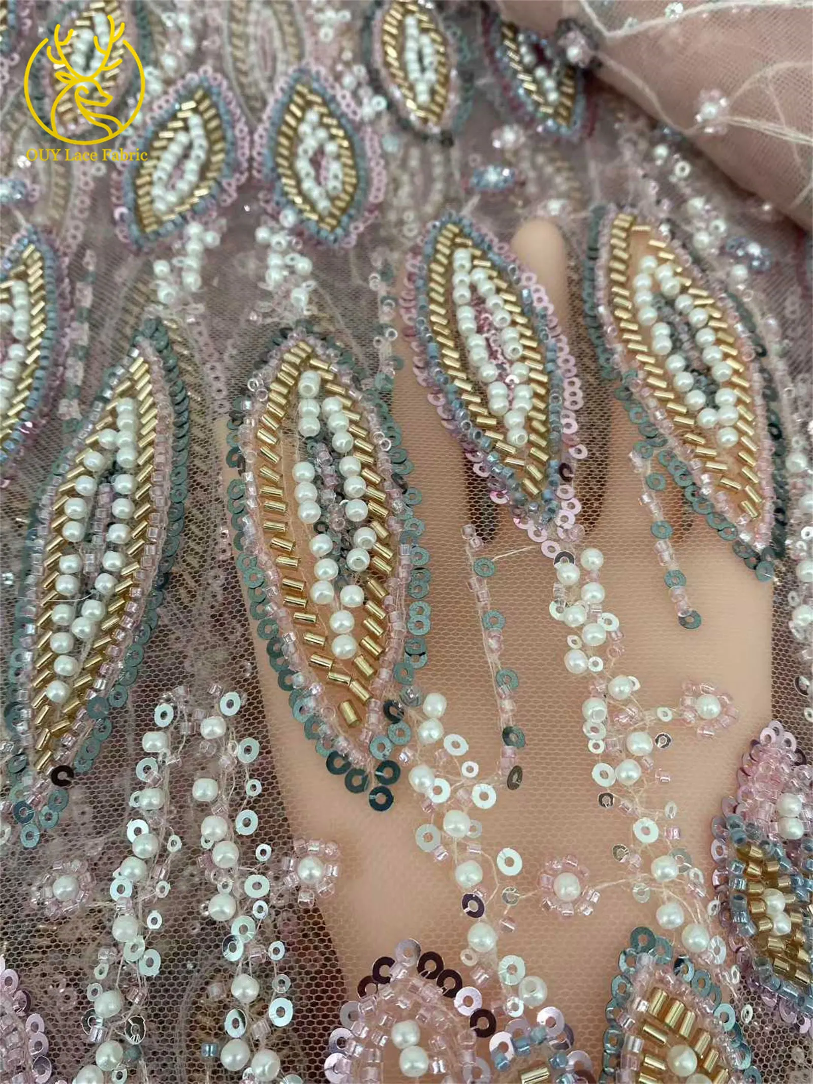 新デザインビーズレース生地5ヤード エレガントなフランスナイジェリアスパンコール刺繍チュールメッシュレース生地 パーティードレス縫製用