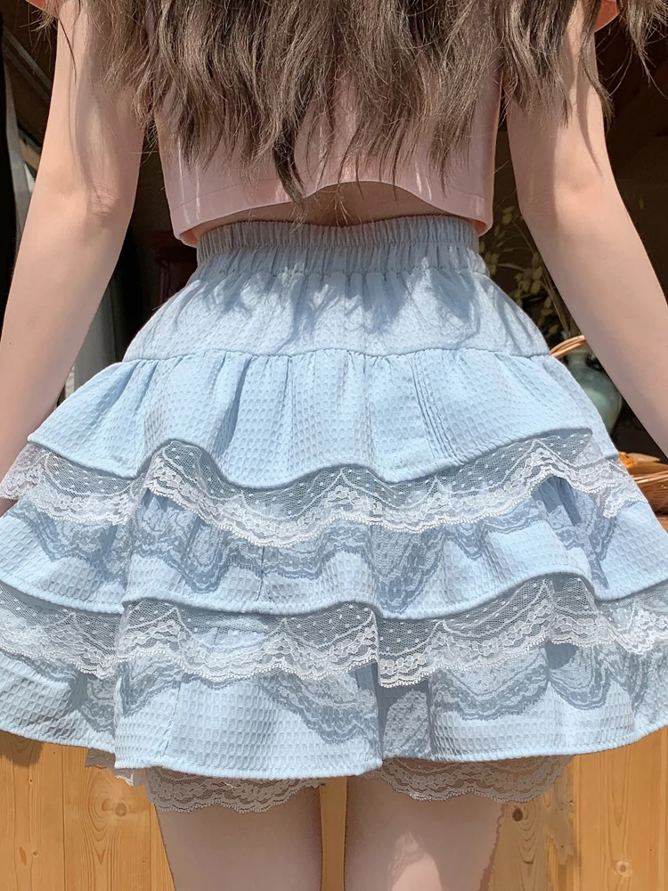 Japanese Sweet Chiffon Lolita Blue Yellow A-Line Mini Skirt Women\'S Spring Summer High Waist Kawaii Ruffles Above Knee Skirts