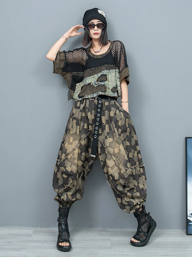 New Women's Summer Loose Fashion Personality Distressed Denim Stitching Mesh Short-sleeved T-shirt Wide-leg Pants Two-piece Suit