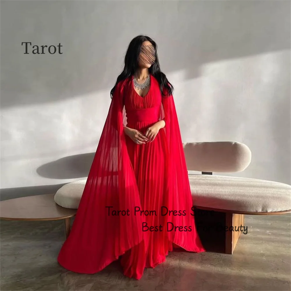 

Tarot Red Color Prom Dresses Long Sleeves A Line V Collar Chiffon Saudi Evening Dress Tiered Bodice Floor-Length فساتين سهرة