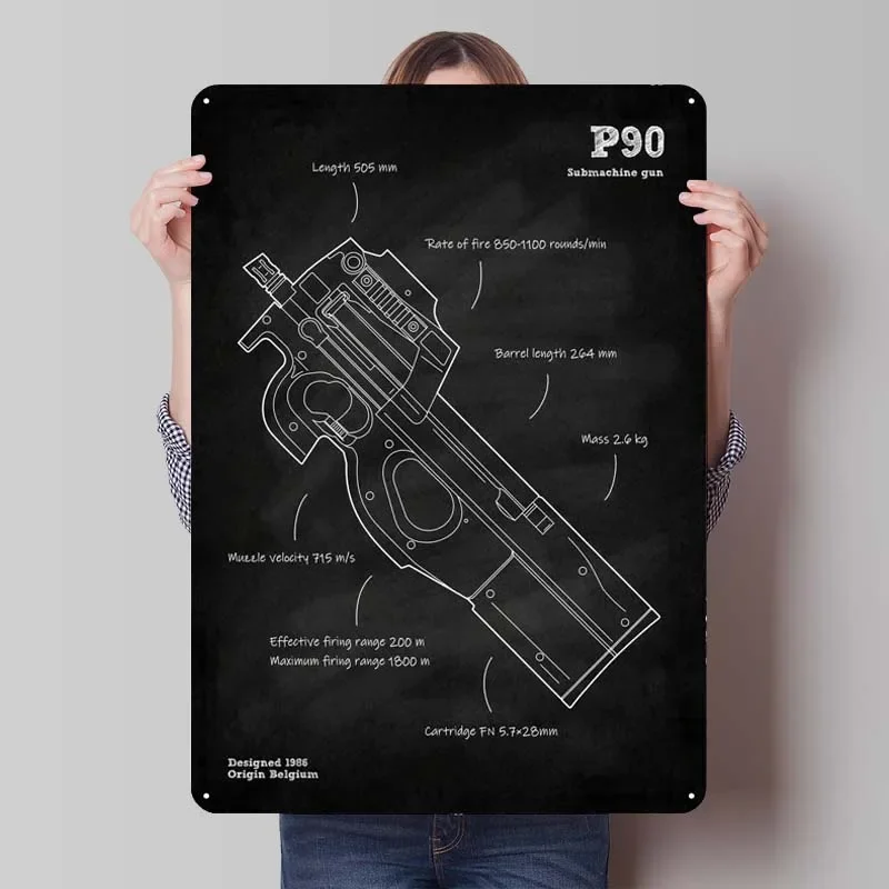 P90 Submachine Gun Blueprint Metal Poster Outdoor Decors Retro Metal Tin Sign Plaque for Wall Art Decoration Vintage Decor Home