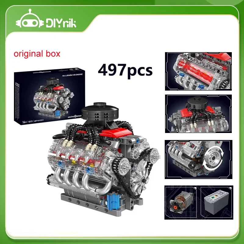 497pcs 10171 V8 Engine MOC Building Blocks LSX454 Model Set With L Motor Power Function City DIY Boys Assembled Toys Bricks Gift