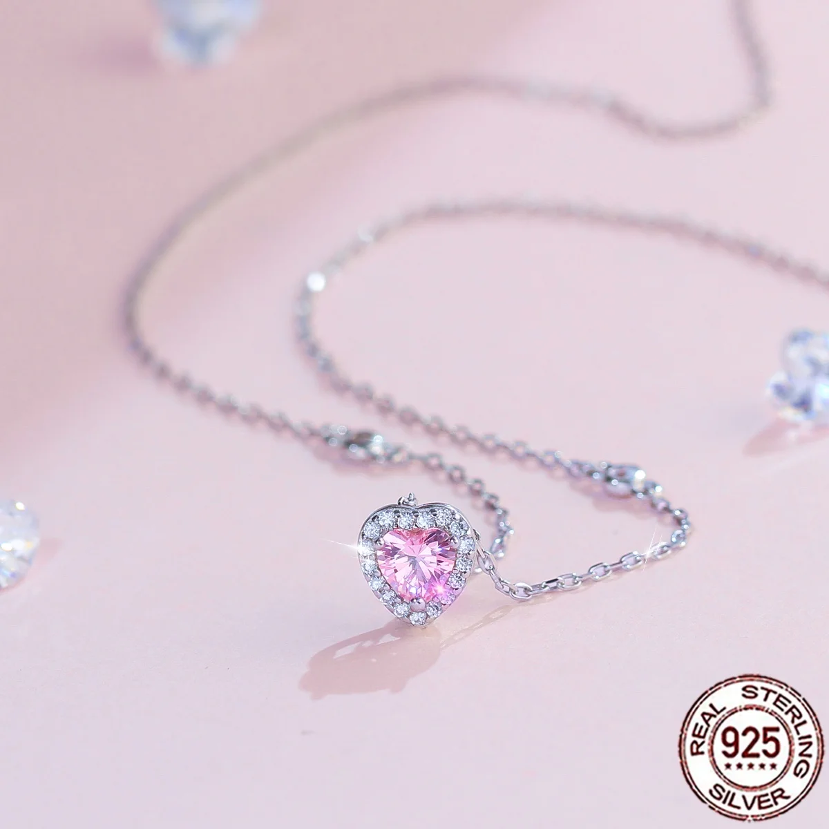 QooLady 925 Sterling Silber Rosa Herzschliff Zirkonia Halo-Fassung Anhänger Halskette Edler Schmuck für Frauen Valentinstagsgeschenk SD091 – Detail 5