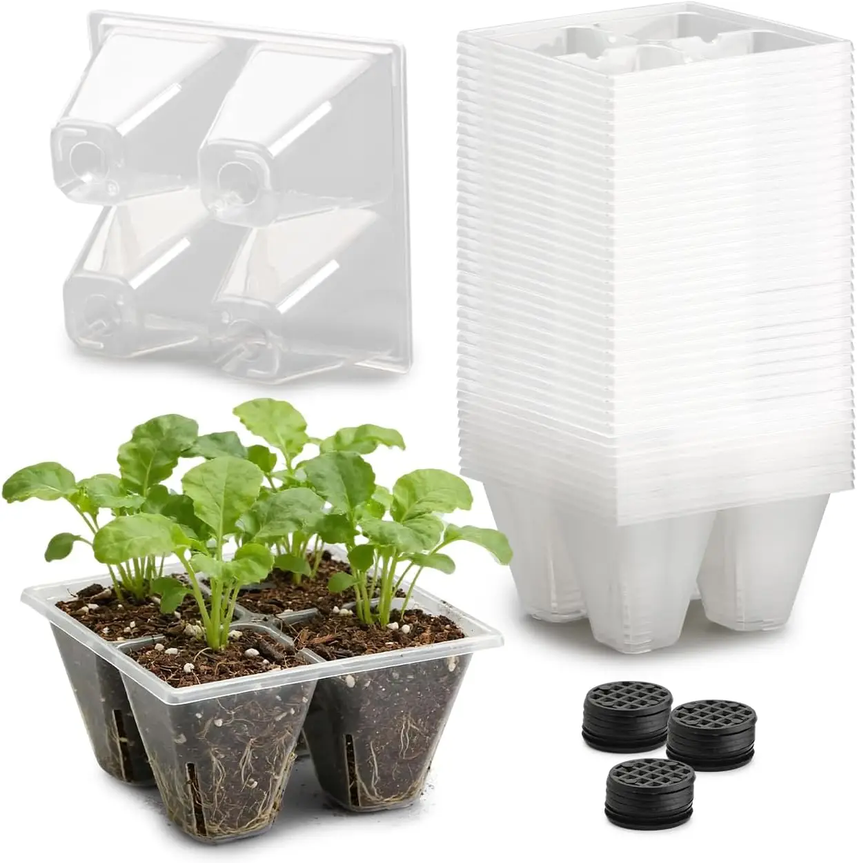 

40 Pack Reusable 4-Cell Seed Starter Trays with Large Drainage Holes - Clear Transparent Trays for Root Growth Monitorin