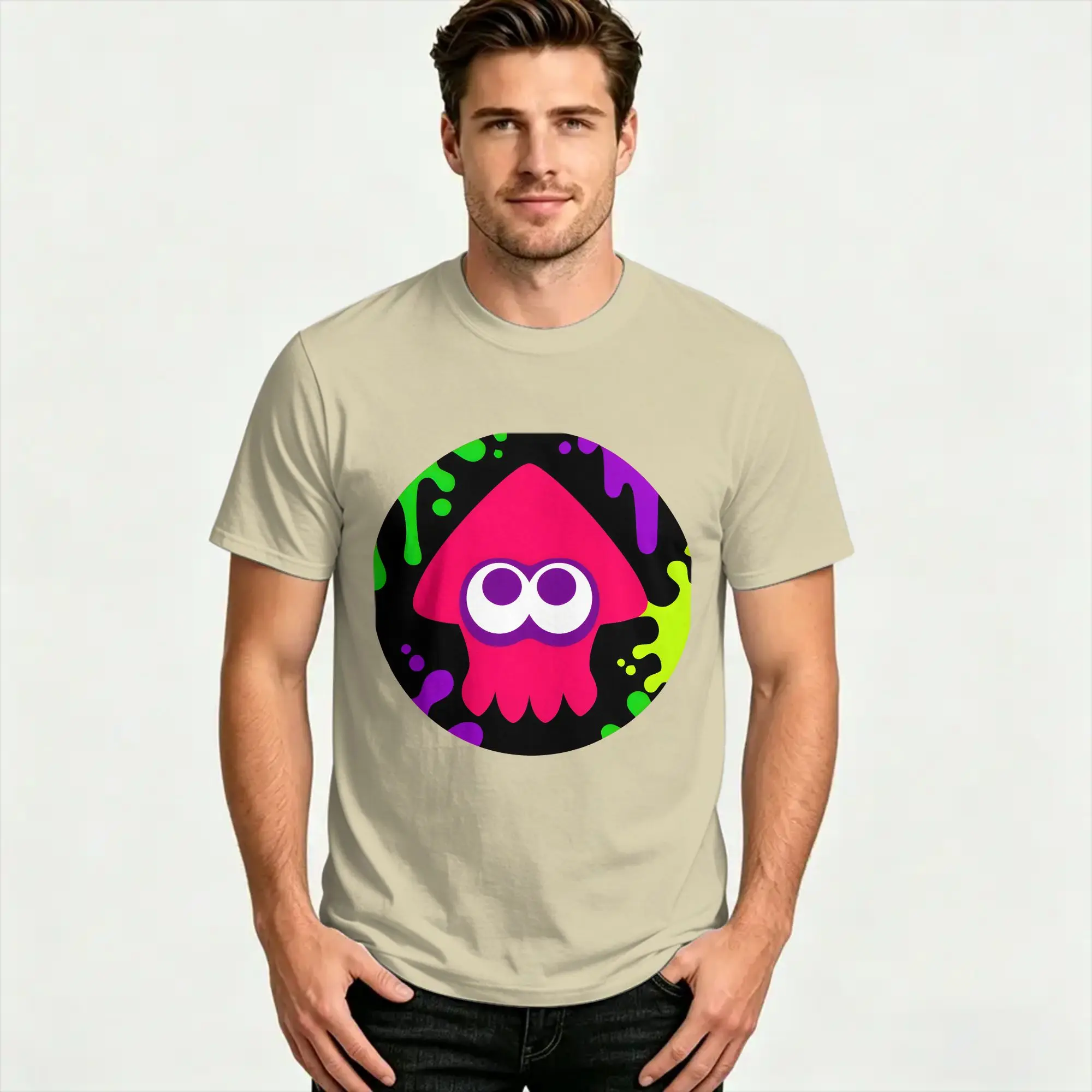 Oversized T-Shirt Summer Splatoon Button Hip Hop T Shirts  100 Cotton Tshirt for Men Y2K Fun Short Sleeve Top Tees