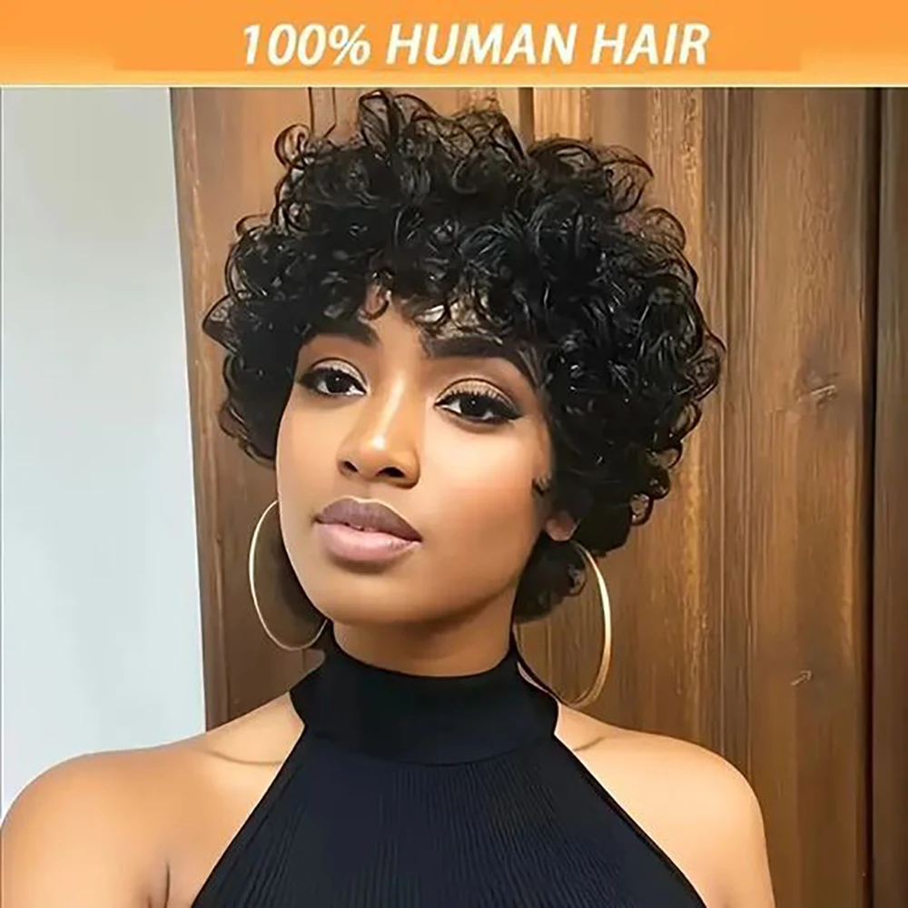 موجة المياه البرازيلي باروكة من شعر طبيعي قصير مجعد عابث قطع مع الانفجارات قبل قطعها للنساء السود 100% الشعر البشري آلة صنع #2