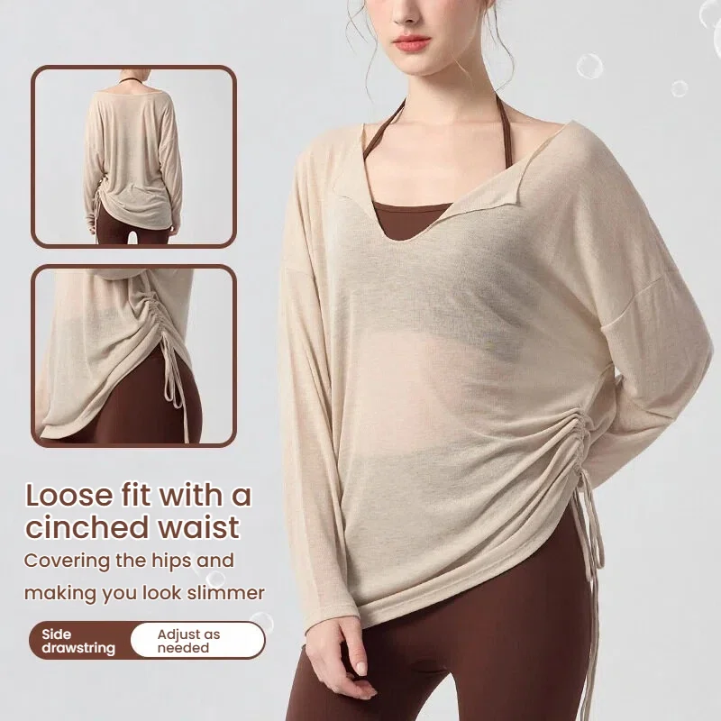 Women‘s Yoga Long Sleeve T-shirt Fall Twist Front Thin Top Loose Fit Sport Shirts Gym Athletic Tops Casual Running Workout Wear