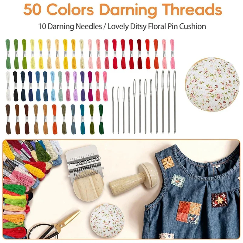 Mini Darning Loom,Mushroom Knit Patch Kit With 14 Hooks Small Weaving Loom 14 Pcs Large Eye Needles 50 Color Threads