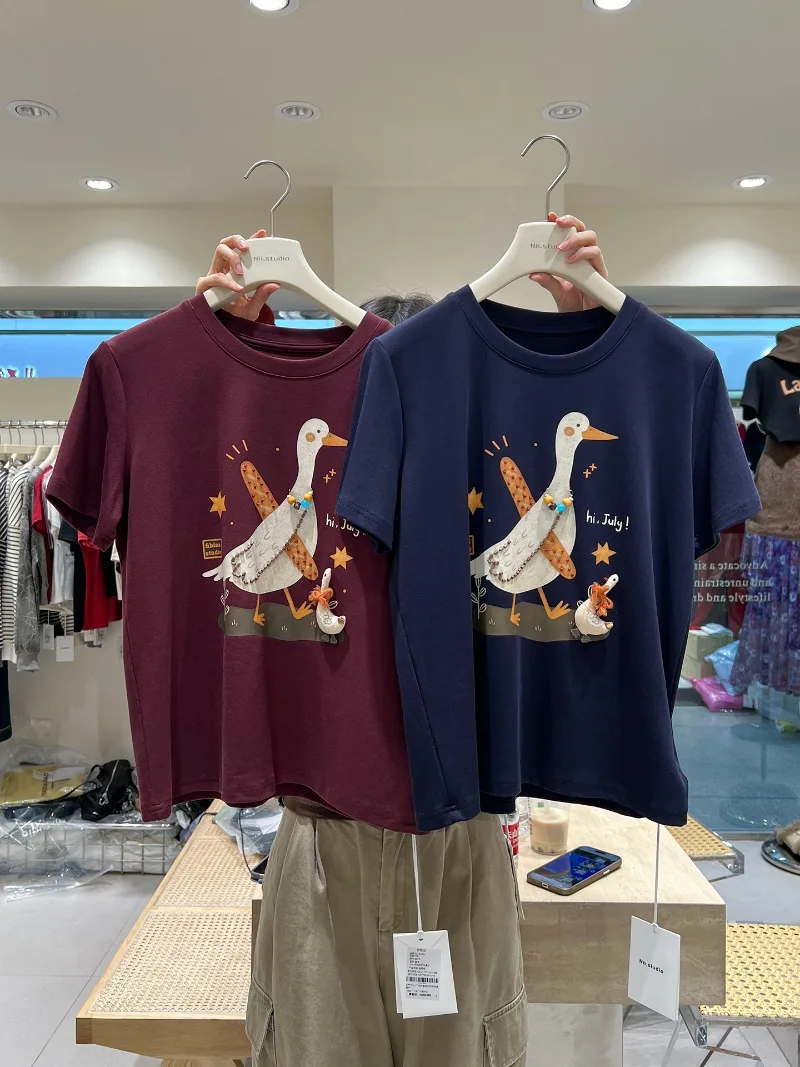 Fun Cute Cartoon Print Beaded Sweet Short Sleeved T-shirt Women's 2025 Autumn Comfortable Versatile Youthful Top Pullover Tees