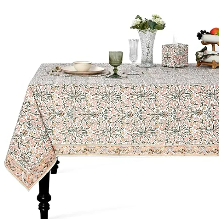 

Sassy Salmon and Emerald Green Hand Block Print Cotton Cloth Dining Table Cover for Wedding Farmhouse Thanksgiving Christmas Sp