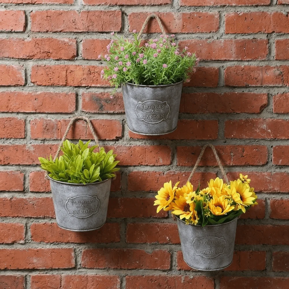 Metal Planter Vintage Hanging Flower Pot Country Style Semicircle Hanging Basket Iron Flower Vase
