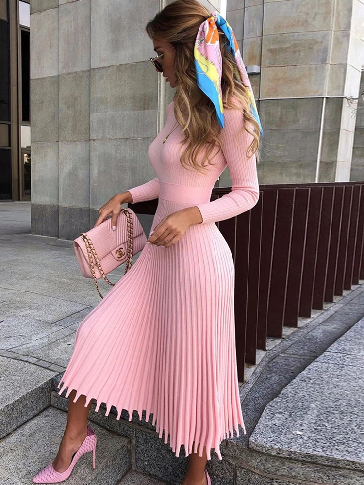 Totatoop Autumn Winter Mid-Calf Sweater Pleated Dress Long Sleeve Fit And Flare Knit Pullover Women's Maxi Dress Office Lady