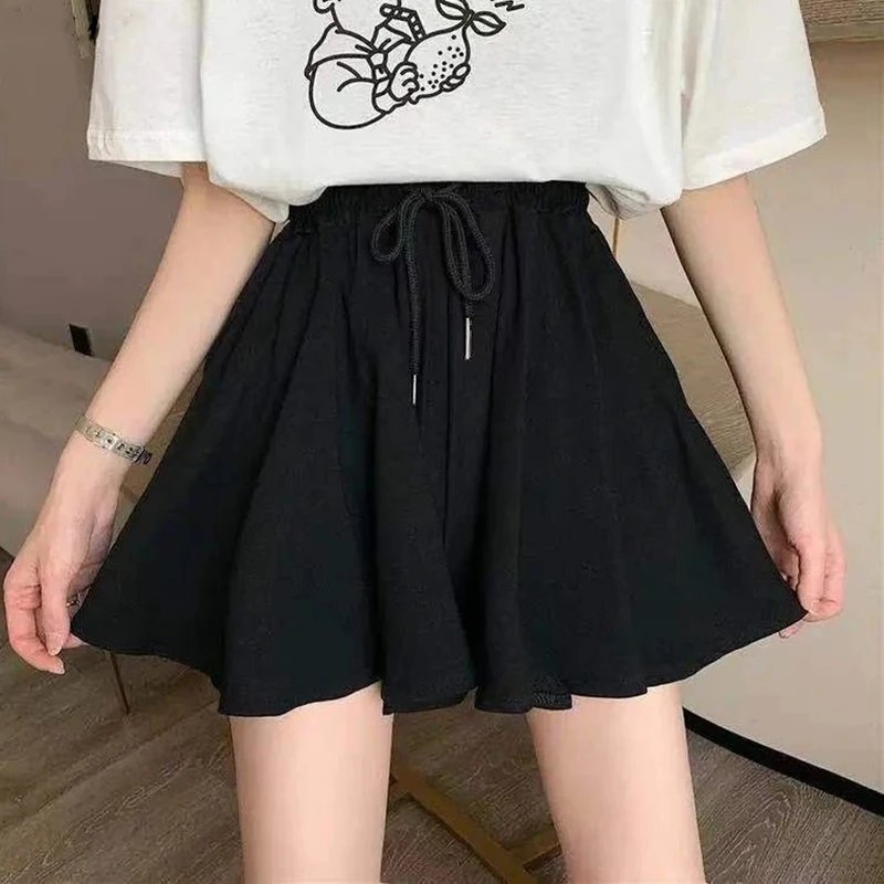 

5Xl Summer Shorts Skirts Women Elastic High Waist Casual Wide Leg Shorts Korean A Line Loose Mini Skirt Black Short Pants